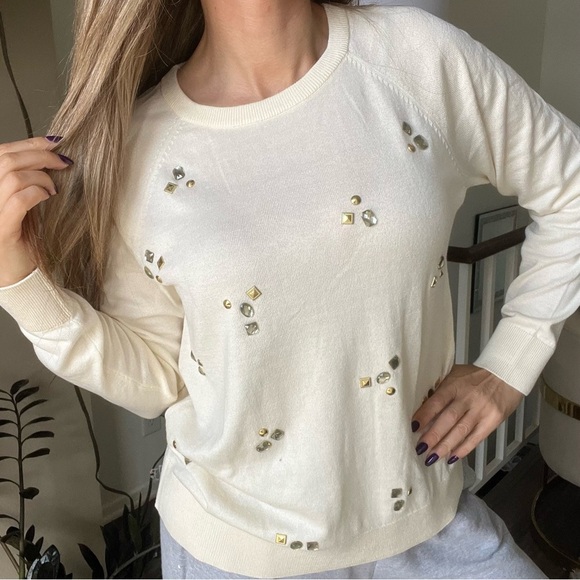 NWT Michael Kors Crewneck Embellished Gen Stone Cream Long Sleeve Knit Sweater M - Picture 1 of 14